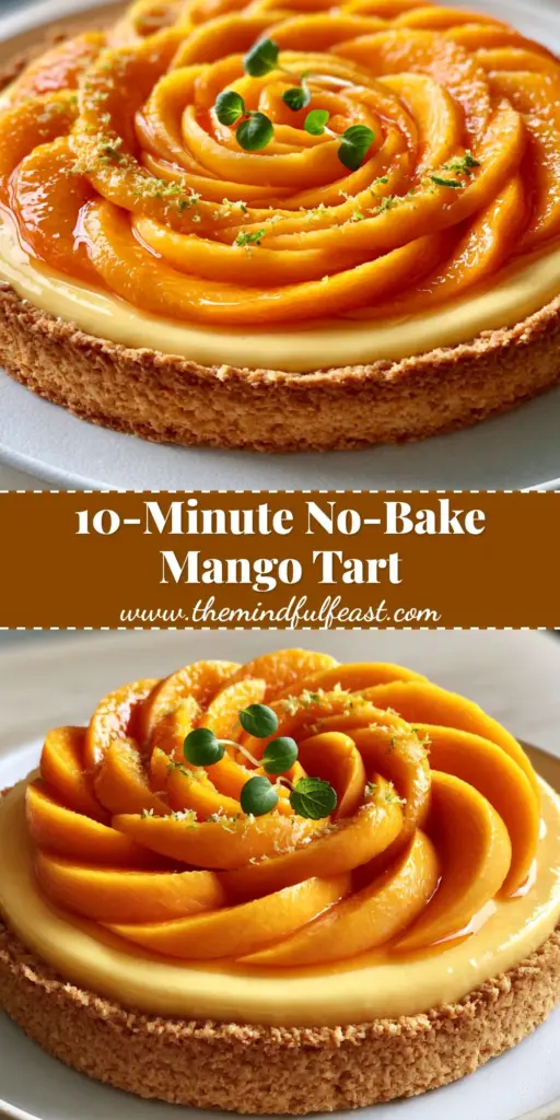 A professional 10-minute no-bake mango tart recipe showing a golden crust and intricate mango rose arrangement.