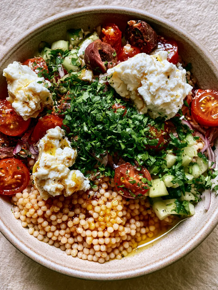 Top-down photo of Mediterranean Pearl Couscous Salad showing glossy lemon vinaigrette and fresh parsley dusting.