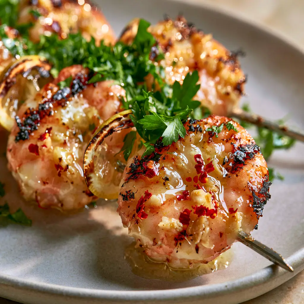Grilled Shrimp Marinade: The Ultimate Recipe for Juicy Garlic Butter Jumbo Shrimp 2 Macro shot of grilled jumbo shrimp showing crispy charcoal marks and sautéed garlic bits in a butter glaze. (grilled shrimp marinade)