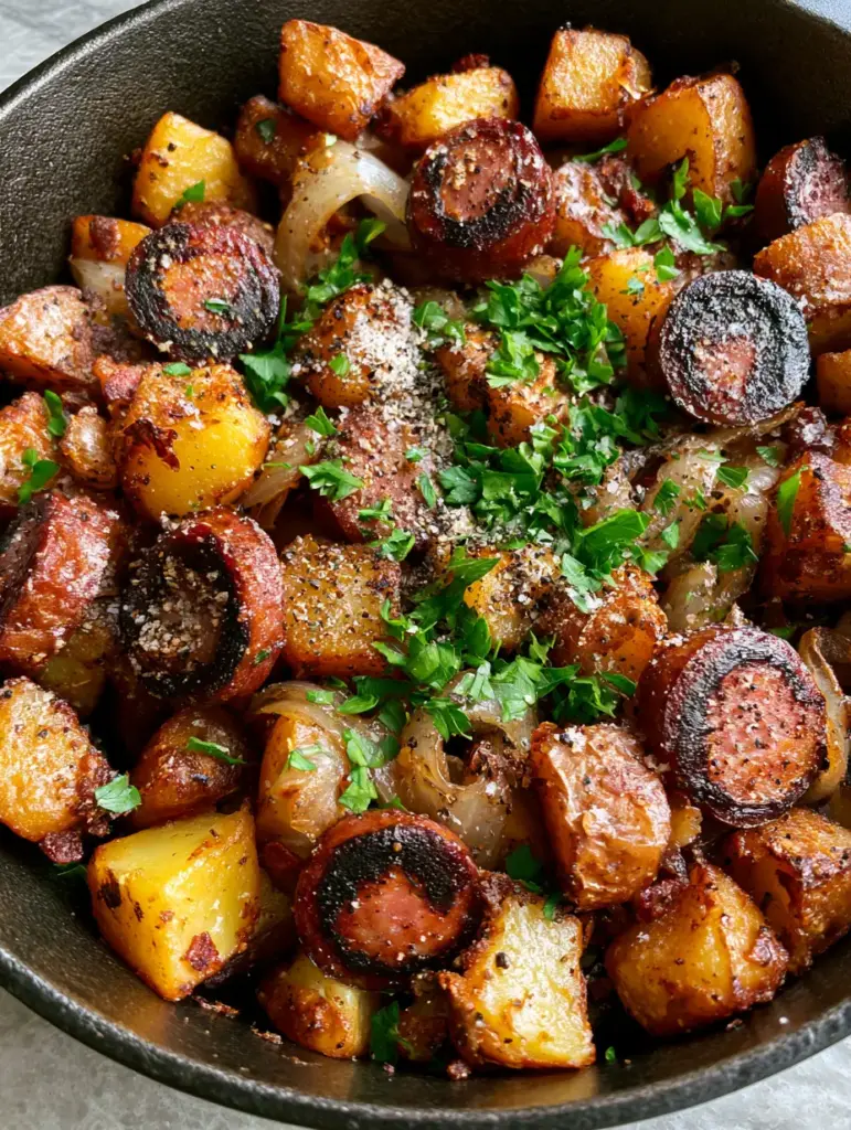 Fried Potatoes, Onions, and Smoked Polish Sausage in a Cast Iron Skillet 1 Handheld smartphone shot of translucent caramelized onions tangled between fried potatoes and smoked sausage.