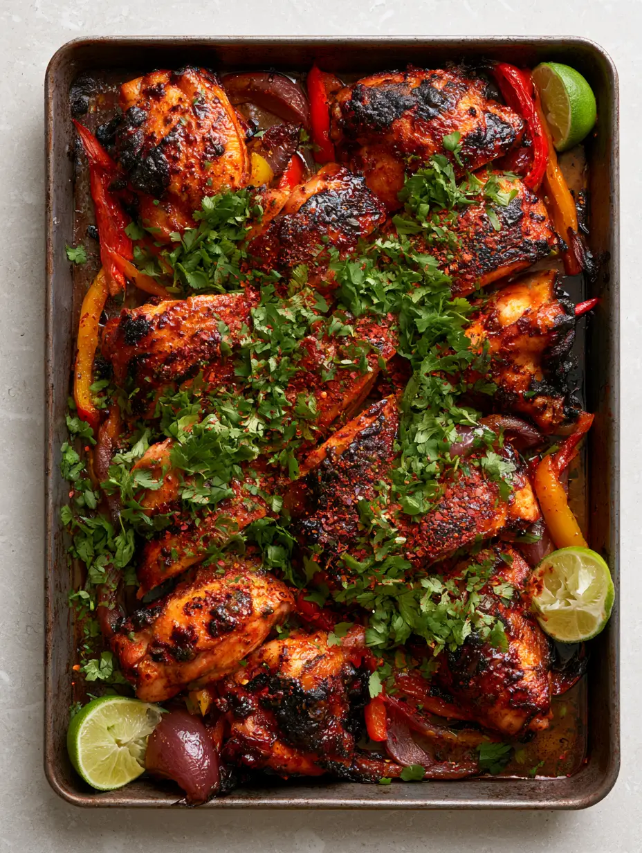Extreme detail of charred chicken skin and glistening zesty glaze on a dark pan. (chili lime chicken)