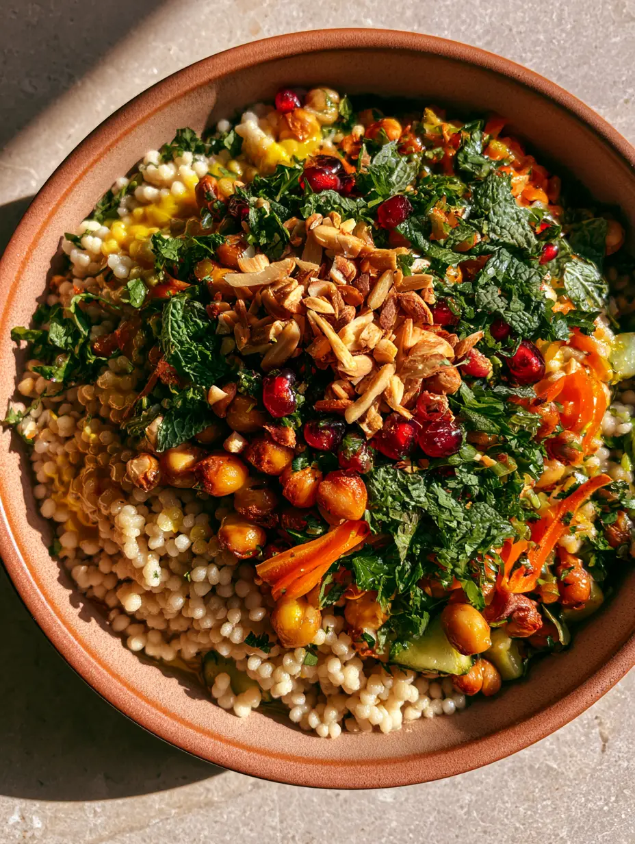 Moroccan-Spiced Chickpea and Carrot Couscous Salad with Turmeric-Tahini Drizzle 3 Top-down view of Moroccan-Spiced Chickpea and Carrot Couscous Salad in a matte terracotta bowl with herbs and almonds. (Moroccan-Spiced Chickpea and Carrot Couscous Salad)