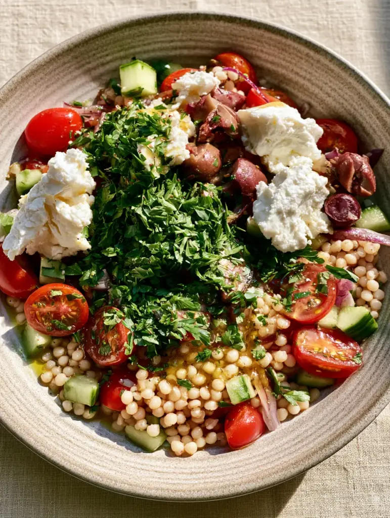 A vibrant bowl of Mediterranean Pearl Couscous Salad with sliced kalamata olives and thin red onion slivers.