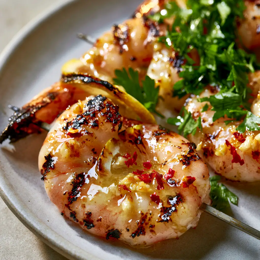 Grilled Shrimp Marinade: The Ultimate Recipe for Juicy Garlic Butter Jumbo Shrimp 1 Grilled jumbo shrimp skewers resting on a light grey ceramic plate with charred lemon slices and red pepper flakes.