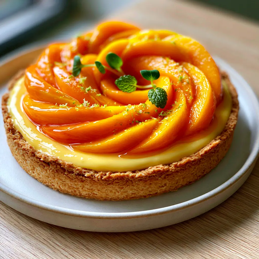 Close-up of the buttery graham cracker crust and sliced fresh mango rose on a white plate.