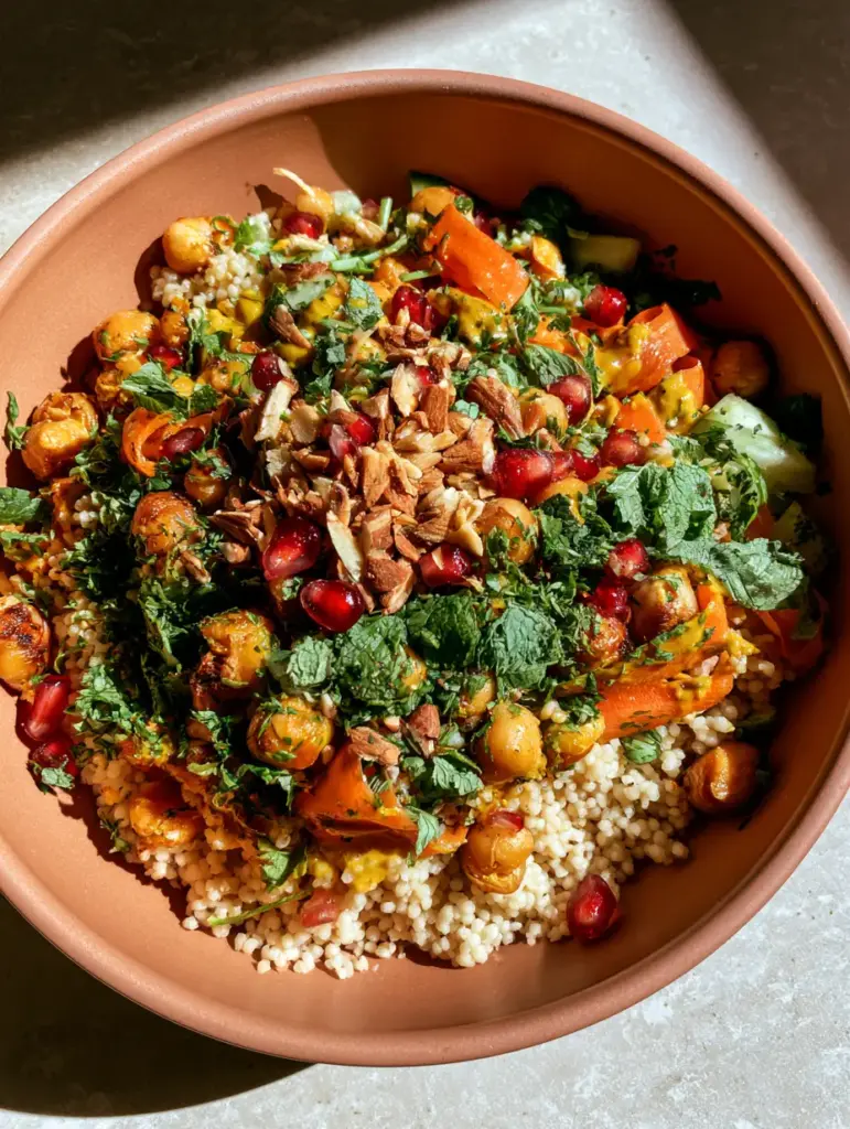Moroccan-Spiced Chickpea and Carrot Couscous Salad with Turmeric-Tahini Drizzle 1 Close-up of roasted chickpeas with blistered skins and golden turmeric-tahini dressing. (Moroccan-Spiced Chickpea and Carrot Couscous Salad)