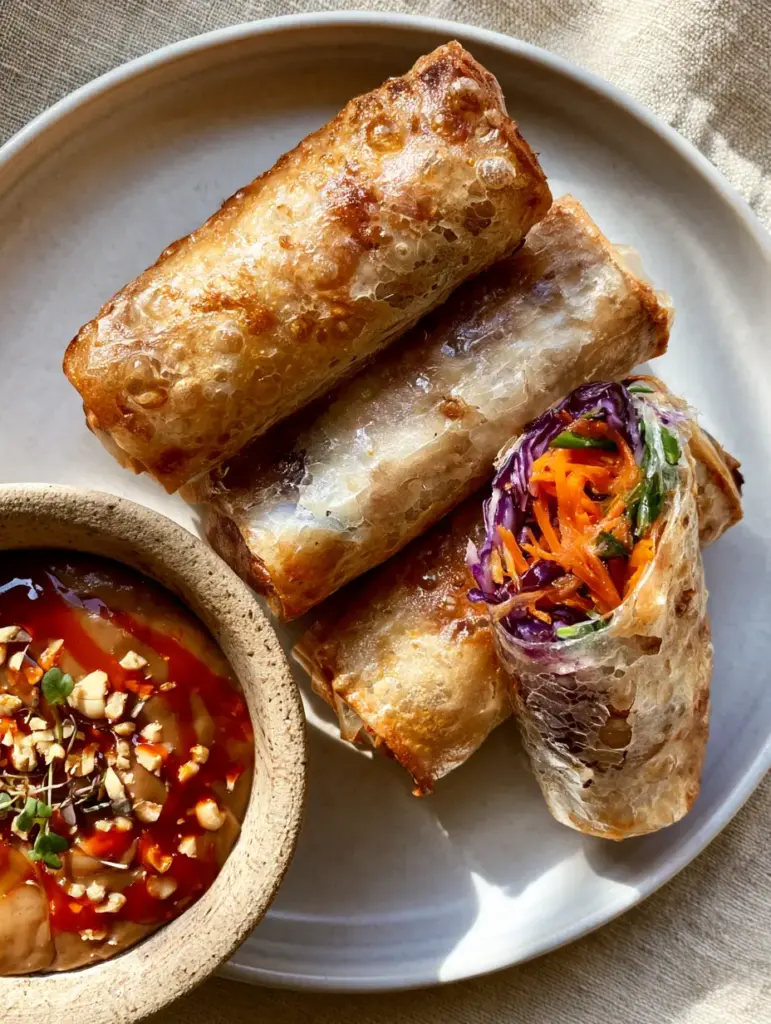 Spring Roll Recipes: The Secret to Shattered-Glass Crispy Air-Fried Rolls 2 Extreme close-up of bubbly, golden-brown rice paper skin on air-fried rolls. (spring roll recipes)