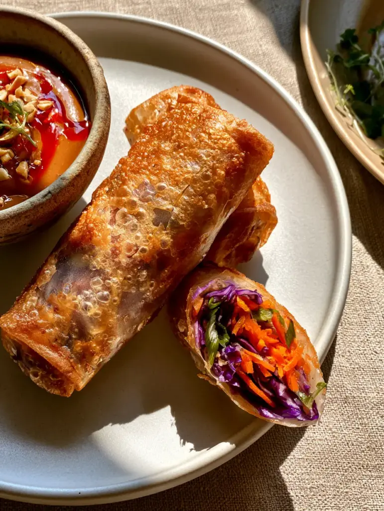 Spring Roll Recipes: The Secret to Shattered-Glass Crispy Air-Fried Rolls 1 Sliced spring roll revealing vibrant purple cabbage and orange carrot interior next to a bowl of peanut sauce with chili oil.