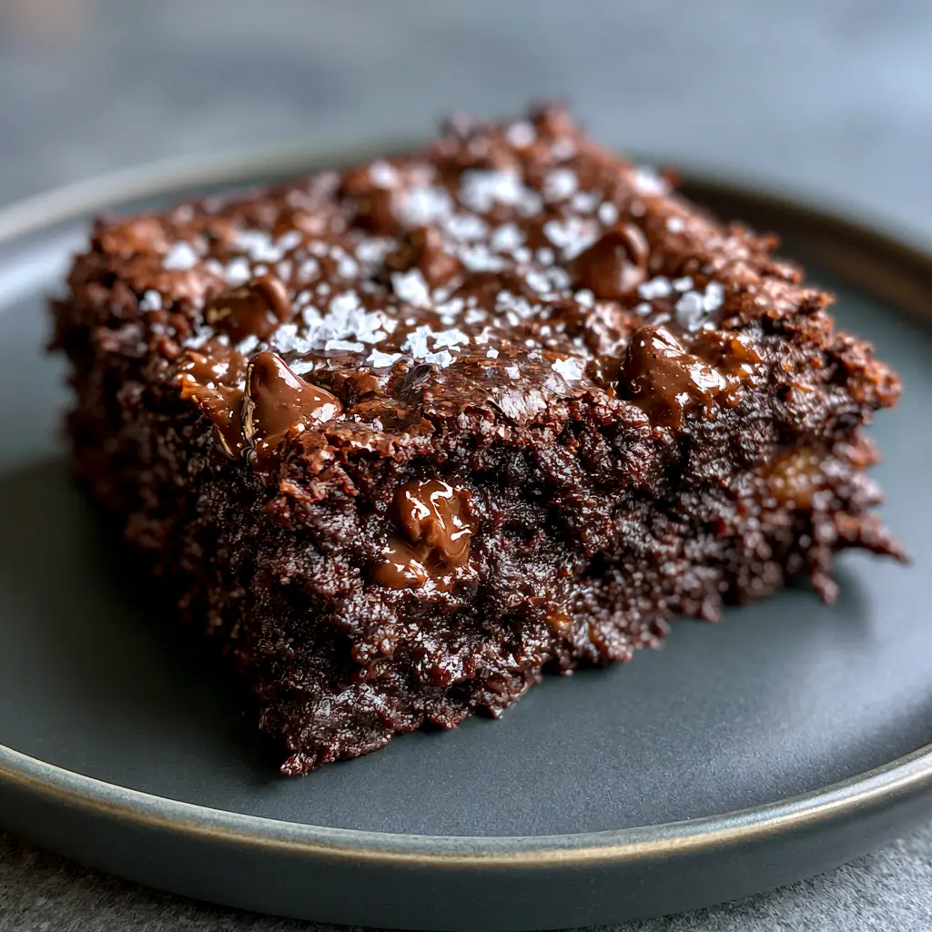 Banana Brownies: The Ultimate Fudgy Dark Chocolate and Peanut Butter Swirl Recipe 2 Close up of a dense, gooey chocolate banana brownie square with a crinkly glossy top and flaky sea salt. (banana brownies)