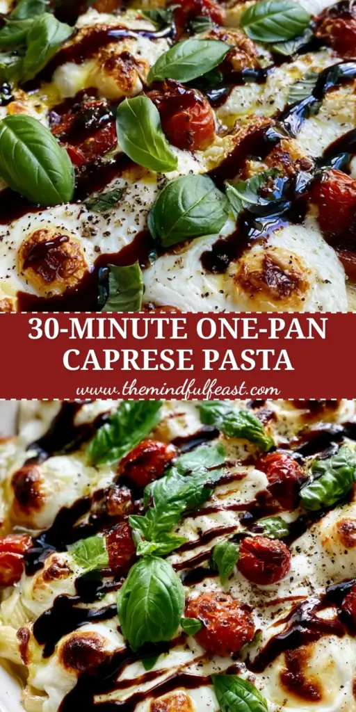 Caprese Pasta Bake with Blistered Tomatoes and Balsamic Glaze 4 A close-up overhead shot of a Caprese Pasta Bake in a white dish featuring melted mozzarella pearls with golden charred spots, blistered tomatoes, and a thick balsamic glaze drizzle.