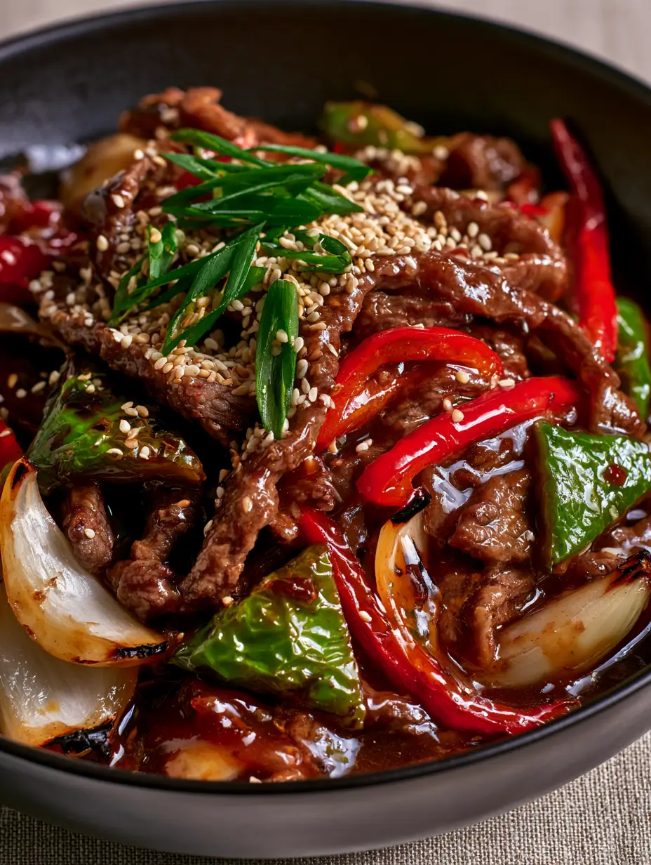 Pepper Steak Recipe: The Ultimate Guide to Glossy, Restaurant-Style Stir-Fry 3 Macro shot of Chinese pepper steak recipe showing glistening mahogany sauce and blistered green bell peppers.