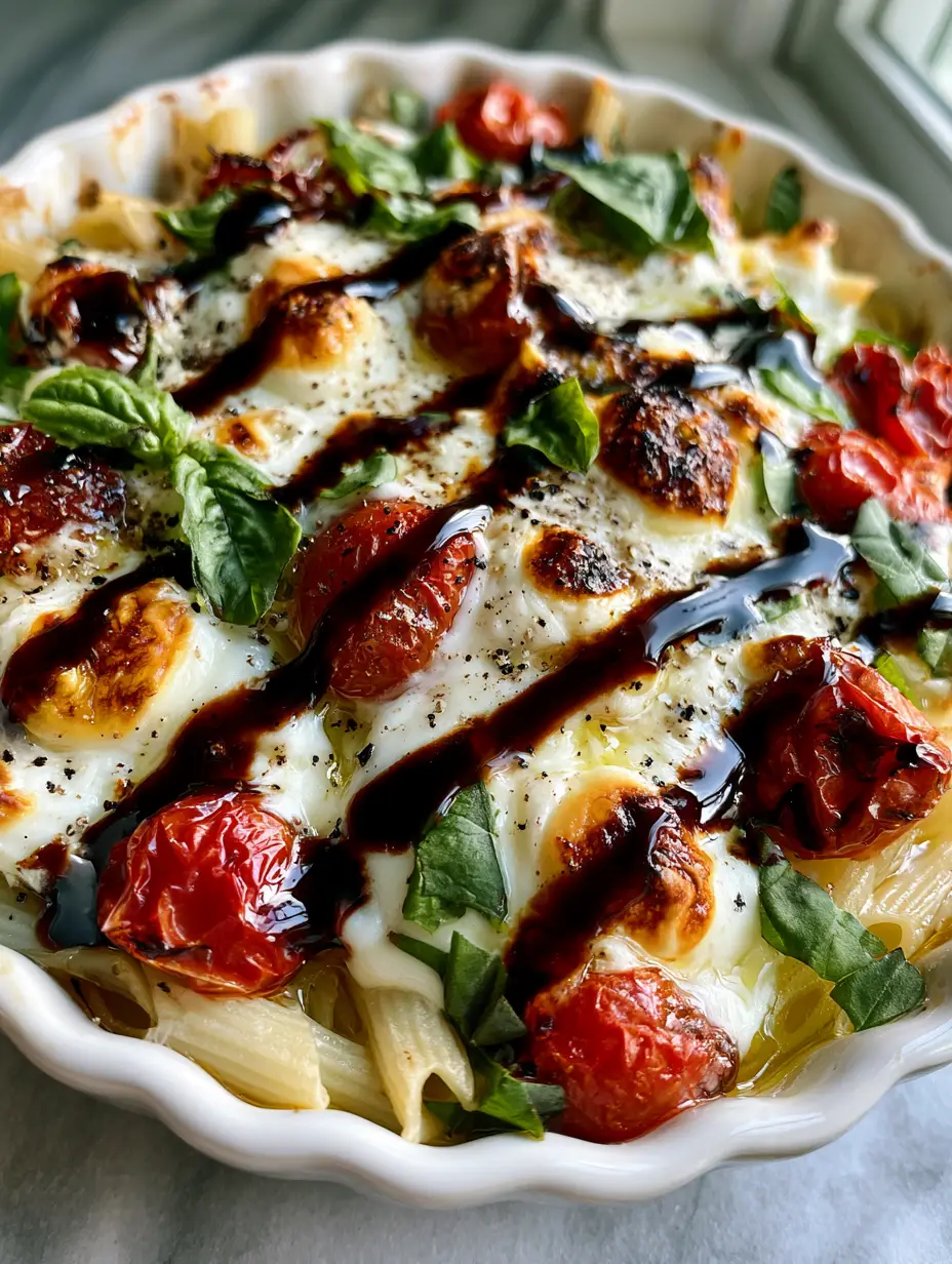 Caprese Pasta Bake with Blistered Tomatoes and Balsamic Glaze 3 Rustic white ceramic baking dish filled with Caprese Pasta Bake, showing bubbling mozzarella pearls and bright green basil leaves on a marble countertop.