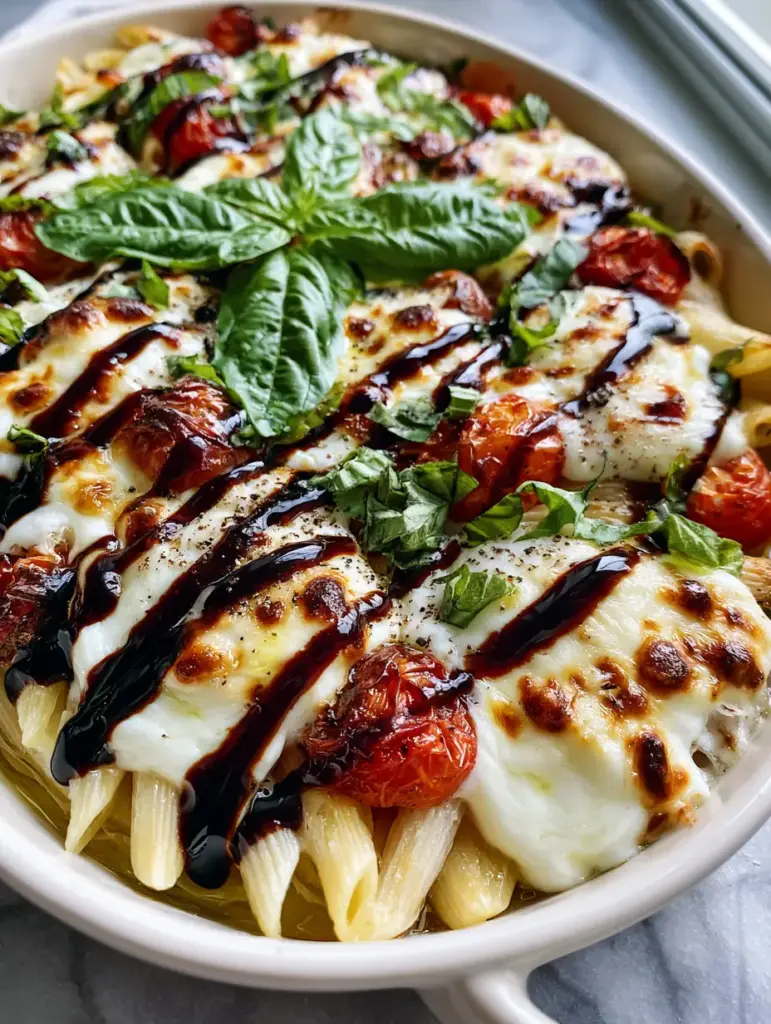 Caprese Pasta Bake with Blistered Tomatoes and Balsamic Glaze 1 Close up view of blistered cherry tomatoes and glossy mahogany balsamic glaze over penne pasta in a Caprese Pasta Bake.