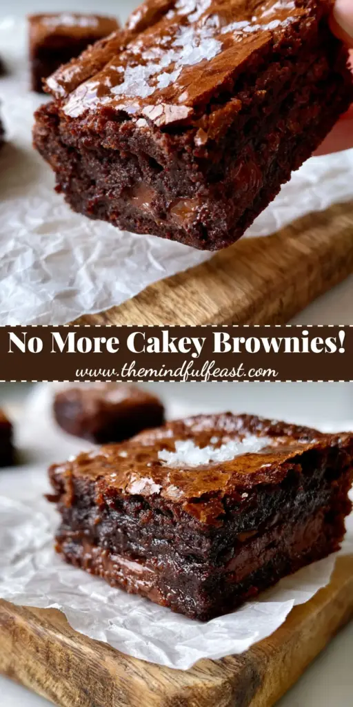 A close-up of a dense, gooey chocolate brownie with a shiny crinkle top and flaky sea salt. (Fudgy Brownie Recipe)
