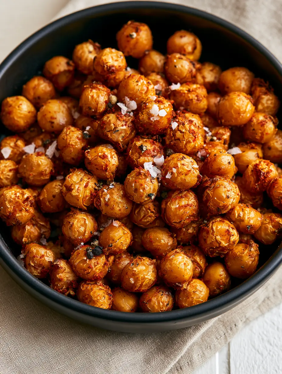 Macro shot of air-fried chickpeas showing shattered and brittle textured outer skins. (Air Fryer Crispy Chickpeas)