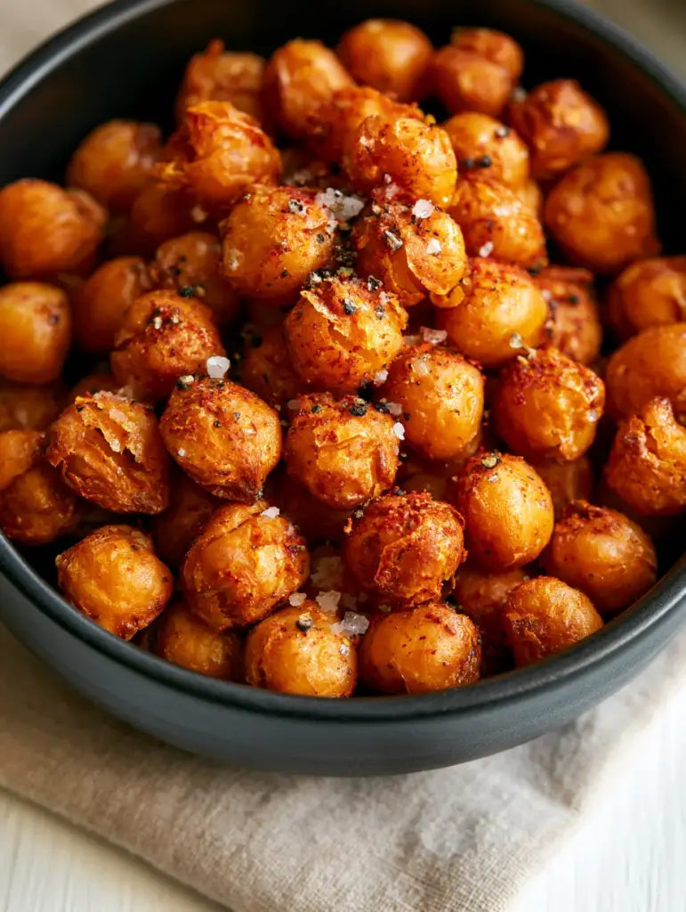 Air Fryer Crispy Chickpeas coated in vibrant red smoked paprika and coarse white sea salt in a black bowl.