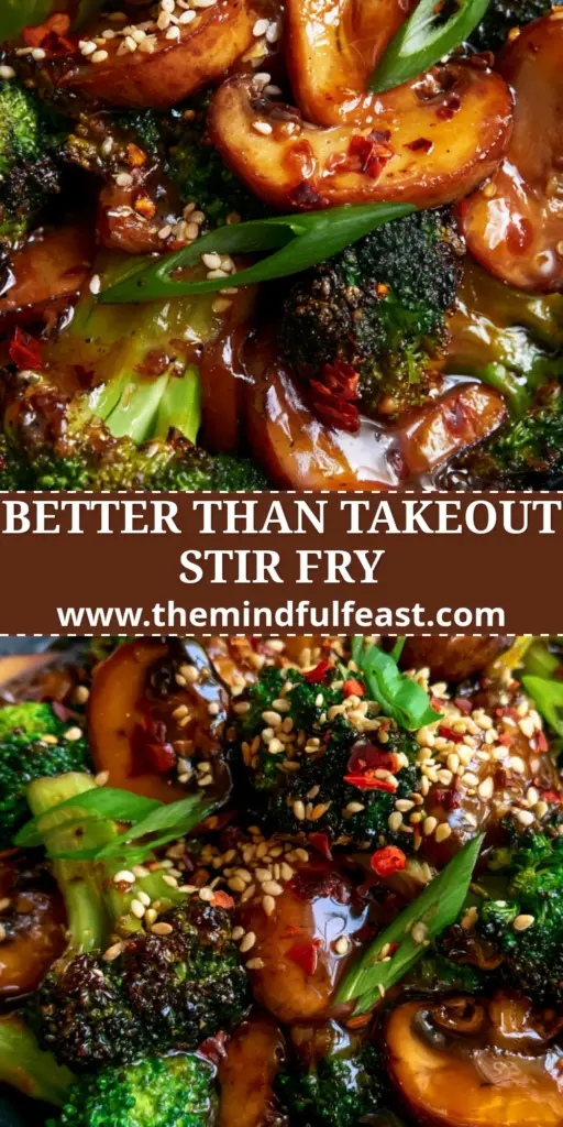 Vegan Broccoli and Mushroom Stir Fry: The Ultimate 20-Minute Dinner 4 A top-down view of Vegan Broccoli and Mushroom Stir Fry in a dark bowl, featuring charred broccoli and glossy mushrooms garnished with sesame seeds and chili flakes.