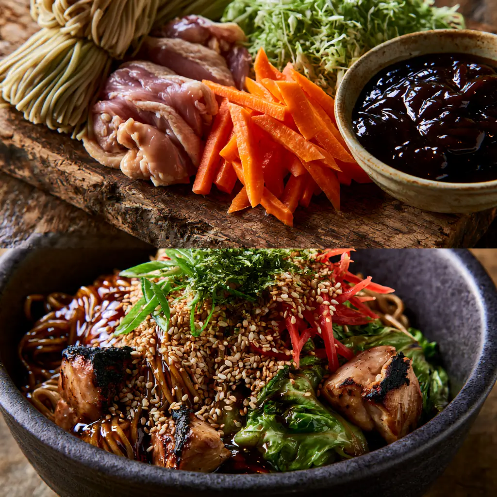 Chicken Yakisoba: The Ultimate Guide to Authentic Japanese Stir-Fried Noodles 2 Vertical split-screen showing deconstructed raw ingredients like chicken, cabbage, and carrots on top, and the finished Chicken Yakisoba dish on the bottom.