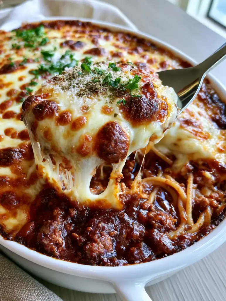 Chicago-style Spaghetti: The Ultimate Baked Comfort Food Guide 2 A 45-degree angle shot of a ceramic baking dish filled with Chicago-style spaghetti, featuring a bubbling crust of melted mozzarella and provolone with crispy edges.