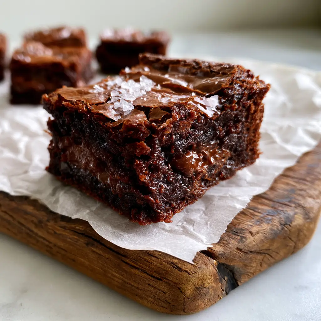 Freshly cut brownie squares on a rustic wooden cutting board with white parchment paper. (Fudgy Brownie Recipe)