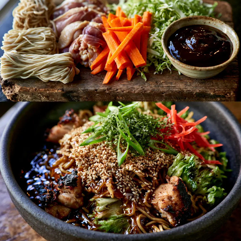 Chicken Yakisoba: The Ultimate Guide to Authentic Japanese Stir-Fried Noodles 1 Detailed food photography of Chicken Yakisoba noodles coated in a thick dark sauce with visible sesame seeds and scallion rings.