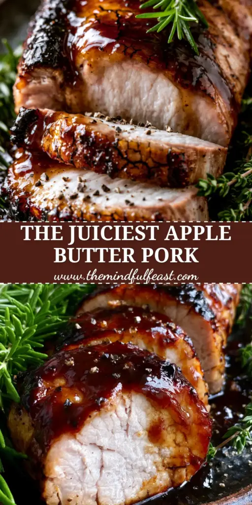 Apple Butter Glazed Pork Tenderloin with Roasted Rosemary and Thyme 3 A macro shot of sliced apple butter glazed pork tenderloin on a dark platter with fresh rosemary and cracked pepper.