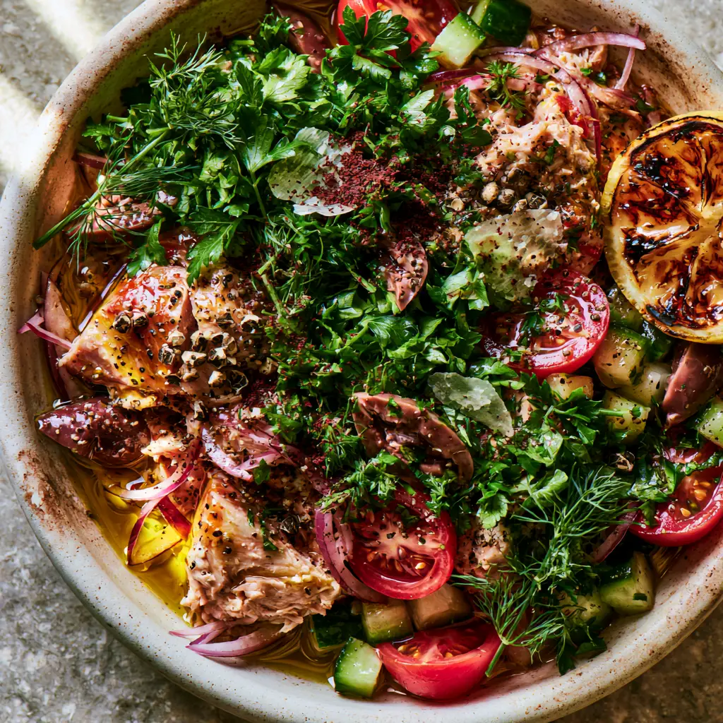 Tuna Recipes: The Ultimate Mediterranean Albacore Salad with Charred Lemon 2 A top-down macro shot of premium albacore tuna recipes showing glistening flakes of fish with fresh herbs and cherry tomatoes.