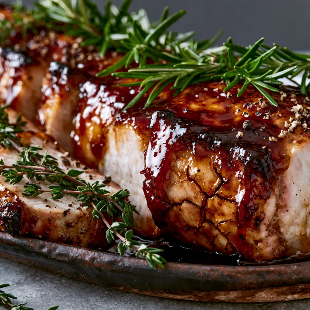 Apple Butter Glazed Pork Tenderloin with Roasted Rosemary and Thyme 2 Close up of glistening amber glaze on seared pork tenderloin edges. (apple butter glazed pork tenderloin)