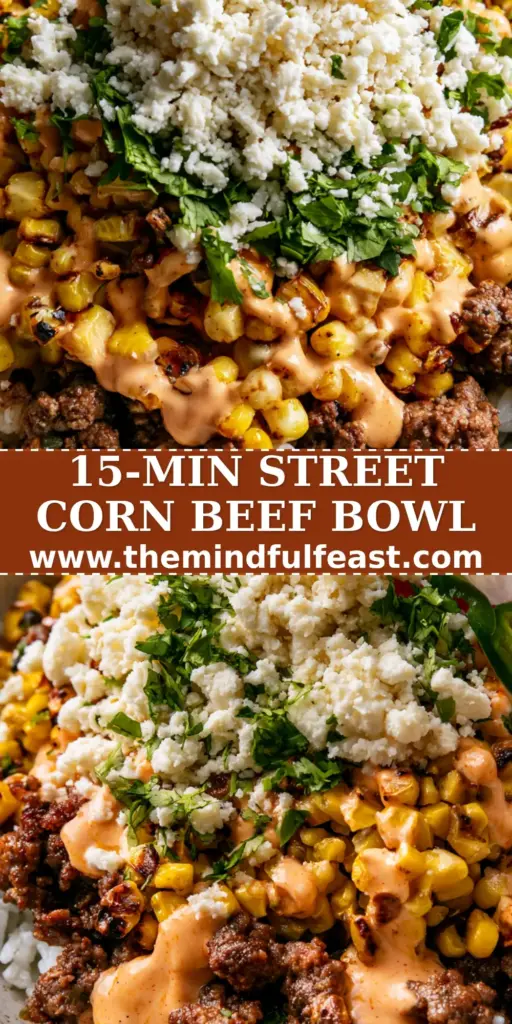 A high-angle macro shot of a Street Corn Beef Bowl featuring charred corn, browned beef, and chipotle lime crema in a speckled ceramic bowl.