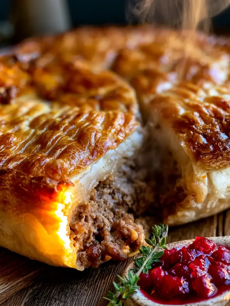 French Meat Pie (Tourtière): The Ultimate Flaky Canadian Classic 2 Handheld smartphone photo showing the glossy egg-wash sheen on a French Meat Pie crust. (French Meat Pie)