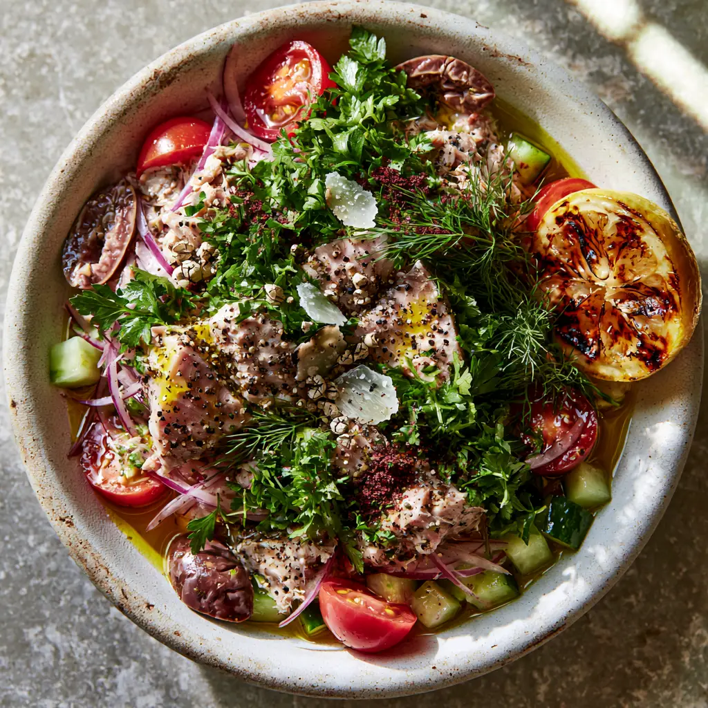 Tuna Recipes: The Ultimate Mediterranean Albacore Salad with Charred Lemon 1 Detailed view of Mediterranean tuna salad with charred lemon, Kalamata olives, and a dusting of sumac.