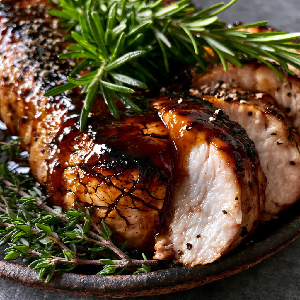 Apple Butter Glazed Pork Tenderloin with Roasted Rosemary and Thyme 1 Slices of apple butter glazed pork tenderloin revealing a moist pink-white interior on a dark grey background.