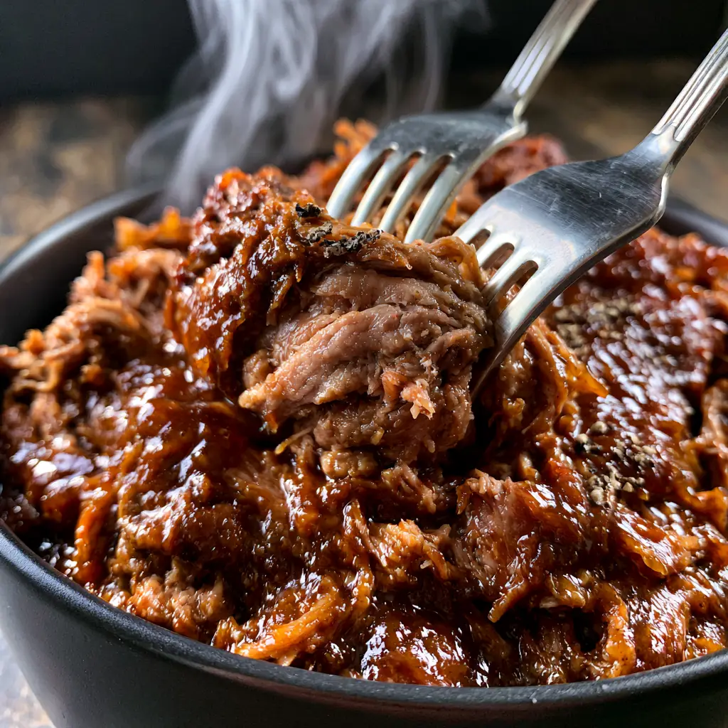 Root Beer Pork: The Ultimate Slow-Cooked Shredded Pork Shoulder with Mahogany Glaze 2 Extreme close-up of root beer pork muscle fibers being pulled apart by silver forks, showing steam and sticky glaze.