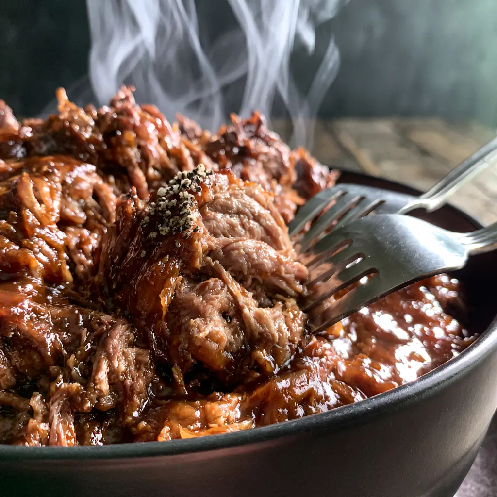Root Beer Pork: The Ultimate Slow-Cooked Shredded Pork Shoulder with Mahogany Glaze 1 Shredded root beer pork piled high in a black bowl with visible cracked black pepper and rising steam.