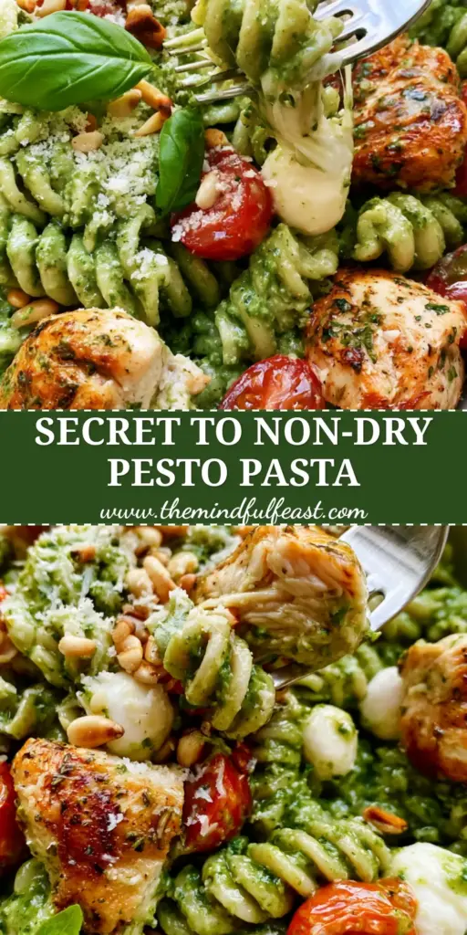 A shallow matte white bowl filled with creamy chicken pesto pasta salad, topped with seared chicken chunks, cherry tomatoes, mozzarella, and toasted pine nuts.