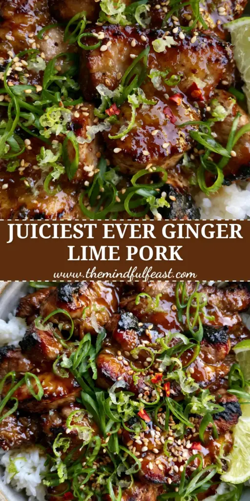 Ginger Lime Pork with Honey-Ginger Glaze and Steamed Jasmine Rice 4 Overhead shot of Ginger Lime Pork medallions with honey glaze over jasmine rice, garnished with scallions and sesame seeds.