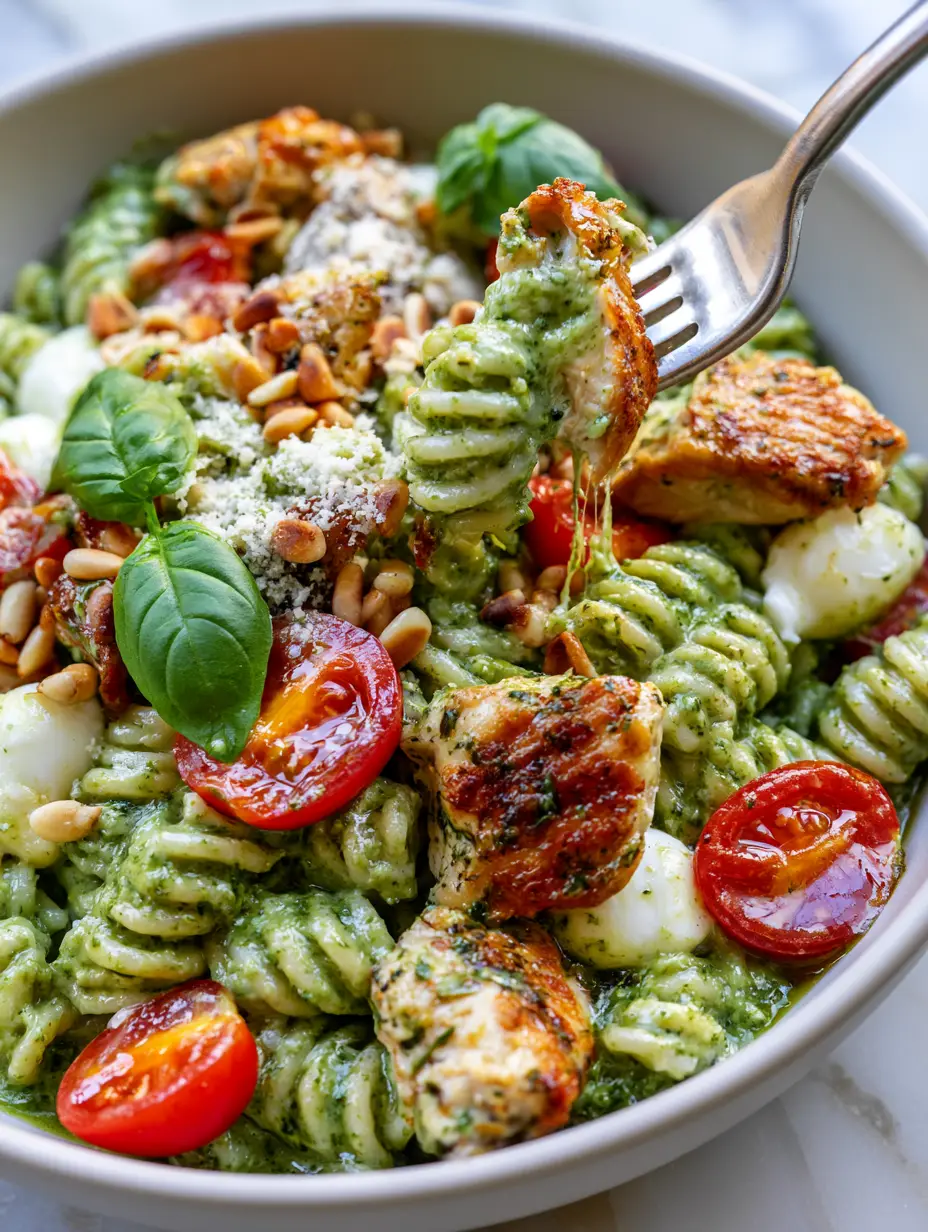 Close-up of fusilli spirals in a vibrant emerald green pesto cream sauce with golden-brown seared chicken breast chunks.