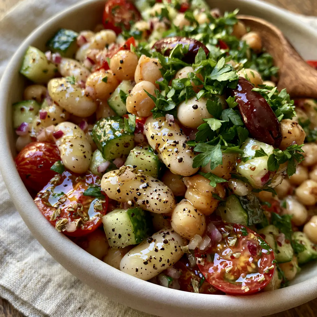 Cold Bean Salad with Zesty Lemon Vinaigrette and Mediterranean Herbs 2 Macro view of cold bean salad showing the glossy texture of cannellini beans, halved cherry tomatoes, and diced cucumbers.