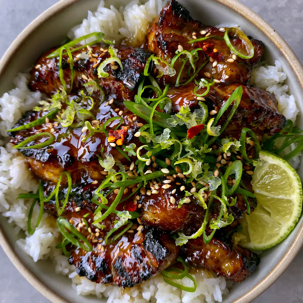 Ginger Lime Pork with Honey-Ginger Glaze and Steamed Jasmine Rice 2 Close-up of charred pork medallions glistening under an amber ginger-honey glaze. (Ginger Lime Pork)