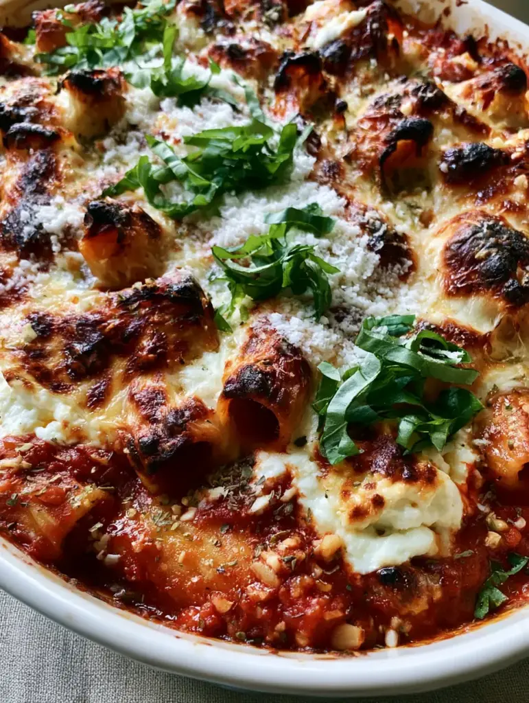 Rustic Italian Bake with Rigatoni and Charred Mozzarella 2 Top-down shot of a Rustic Italian bake showing toasted cheese bubbles and fresh basil chiffonade.