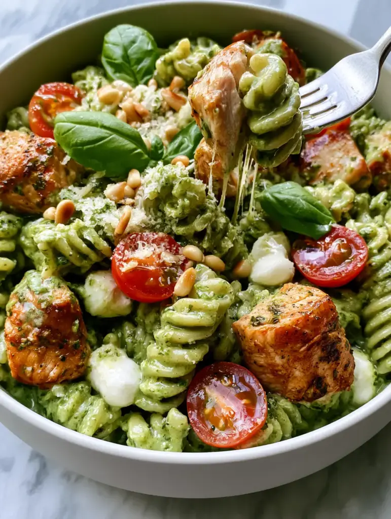 A silver fork lifting a spiral of pesto pasta and a piece of herb-seasoned seared chicken, showing creamy texture.