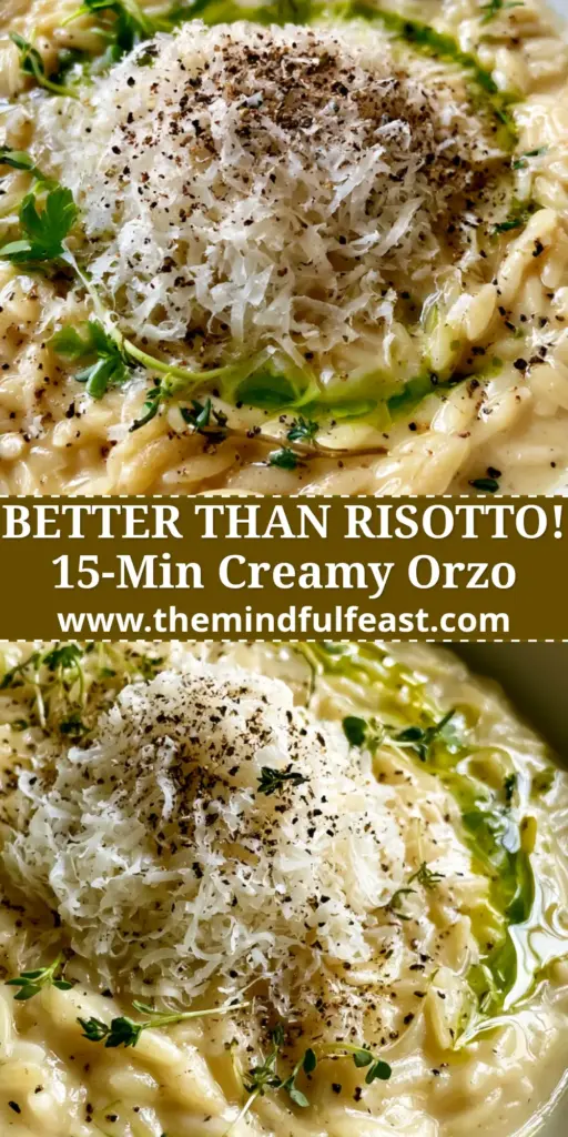 Creamy Orzo with Garlic and Parmesan (The Ultimate 20-Minute Side) 3 A close-up vertical shot of Creamy Orzo in a white bowl topped with a mountain of fluffy Parmesan and fresh herbs.