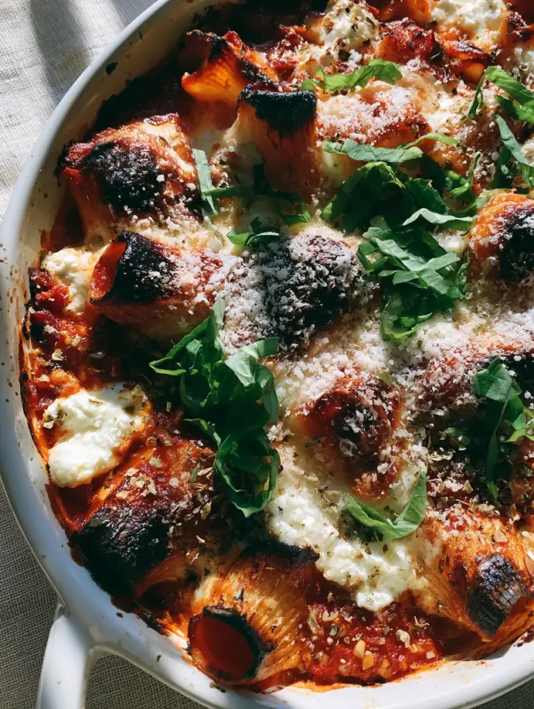 Rustic Italian Bake with Rigatoni and Charred Mozzarella 1 Close-up of rigatoni pasta submerged in thick marinara with charred edges of cheese in a Rustic Italian bake.