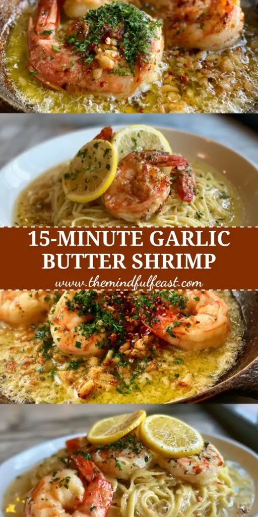 Shrimp Scampi with Garlic Butter and Al Dente Linguine 4 A split-screen food photography shot of shrimp scampi, showing shrimp searing in a cast iron skillet on top and plated over linguine on the bottom.