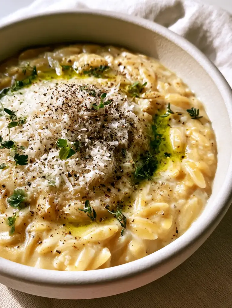 Creamy Orzo with Garlic and Parmesan (The Ultimate 20-Minute Side) 2 Extreme close-up of glossy Creamy Orzo grains in a pale-golden garlic sauce with melting Parmesan cheese.