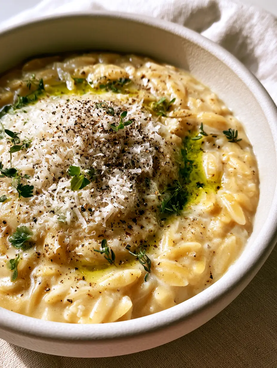 Creamy Orzo with Garlic and Parmesan (The Ultimate 20-Minute Side) 4 Extreme close-up of glossy Creamy Orzo grains in a pale-golden garlic sauce with melting Parmesan cheese.