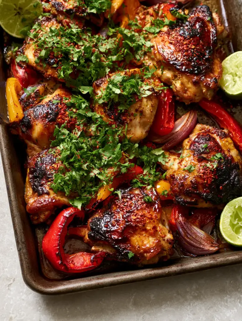 Blistered red and yellow bell peppers interspersed with caramelized red onion wedges. (chili lime chicken)