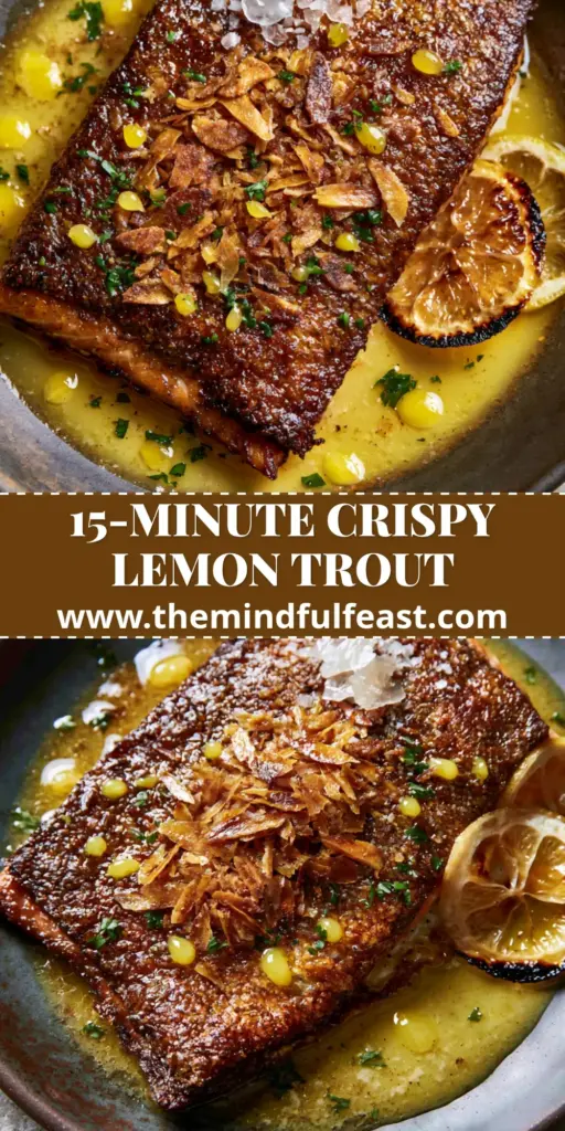 Trout Amandine with Shatteringly Crispy Skin and Toasted Almonds 4 A top-down view of Trout Amandine with a crispy bronzed skin, toasted almonds, and a lemon butter sauce on a rustic dark plate. (trout amandine)