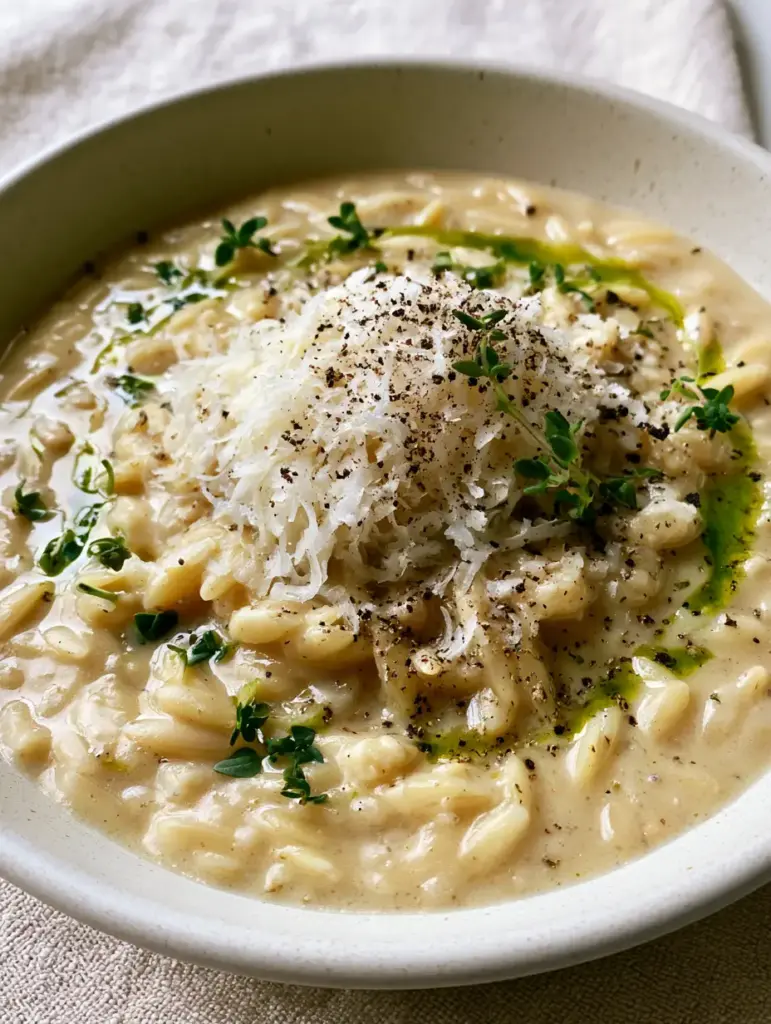 Creamy Orzo with Garlic and Parmesan (The Ultimate 20-Minute Side) 1 A shallow white bowl of Creamy Orzo garnished with coarse black pepper, fresh thyme, and herb-infused oil.