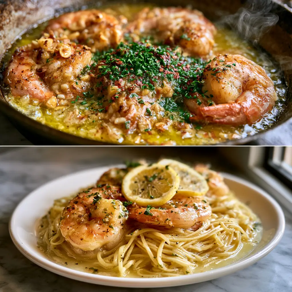 Shrimp Scampi with Garlic Butter and Al Dente Linguine 2 Close up shot of jumbo shrimp searing in a cast iron skillet with bubbling garlic butter and red pepper flakes for shrimp scampi.